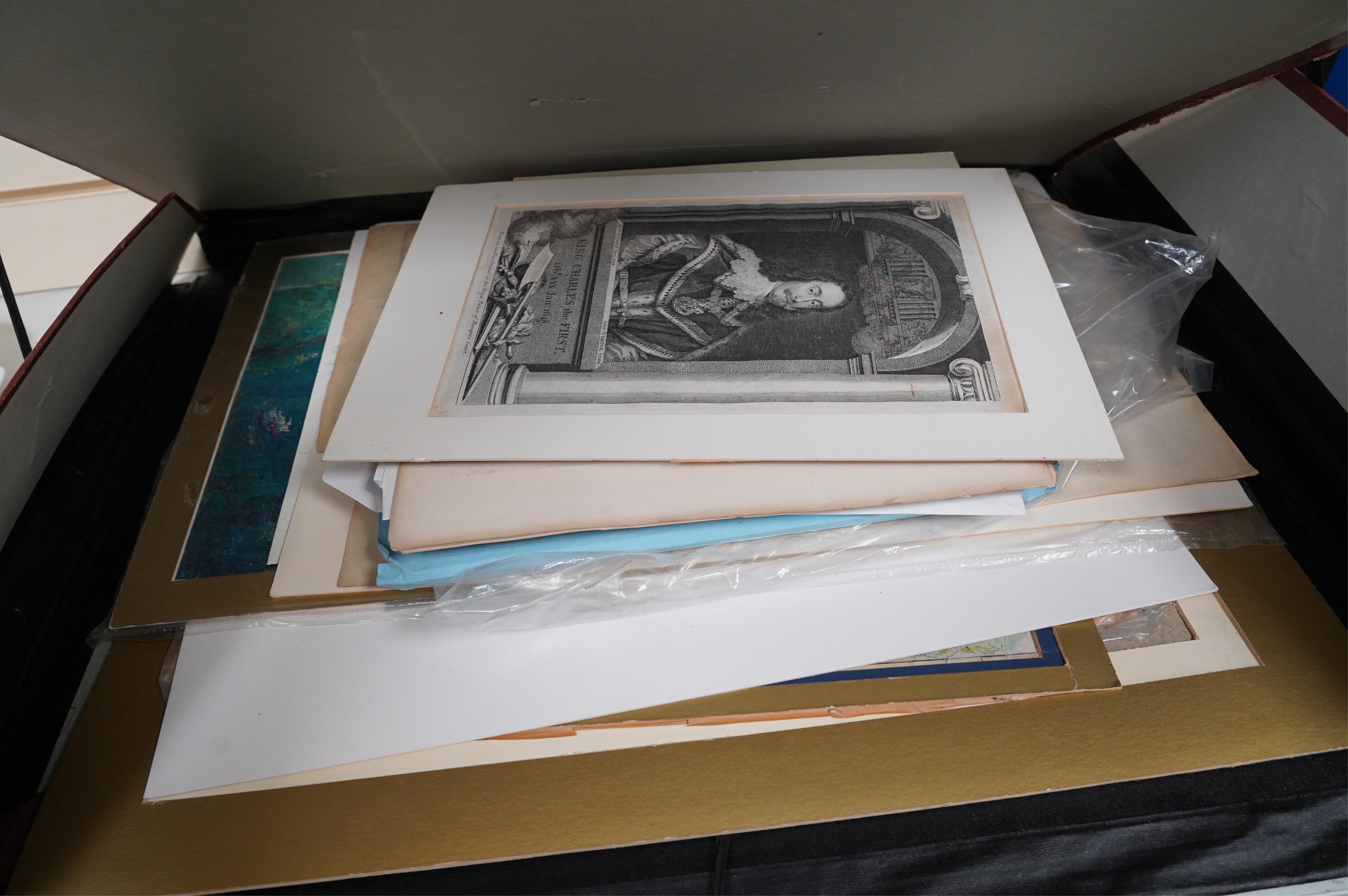 A folio of mixed watercolours, inks and antique engravings, including after Anthony Van Dyck, King Charles I engraving, 19th century pencil sketch, a Rhine castle and a folio of George Cruickshank engravings. Condition -